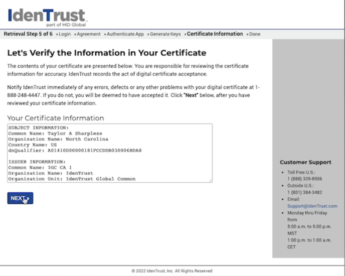 Screenshot of Lets Verify the Information in Your Certificate page