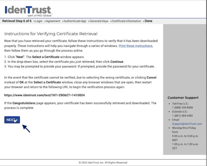 Screenshot of IdentTrust Instructions for VErifying Certificate Renewal page with an arrow pointing to the Next button