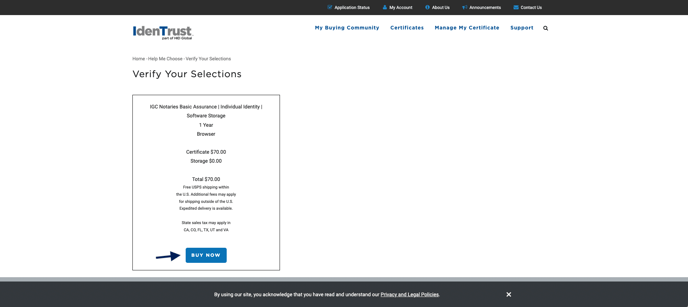Screenshot of IdenTrust Verify Your Selections page