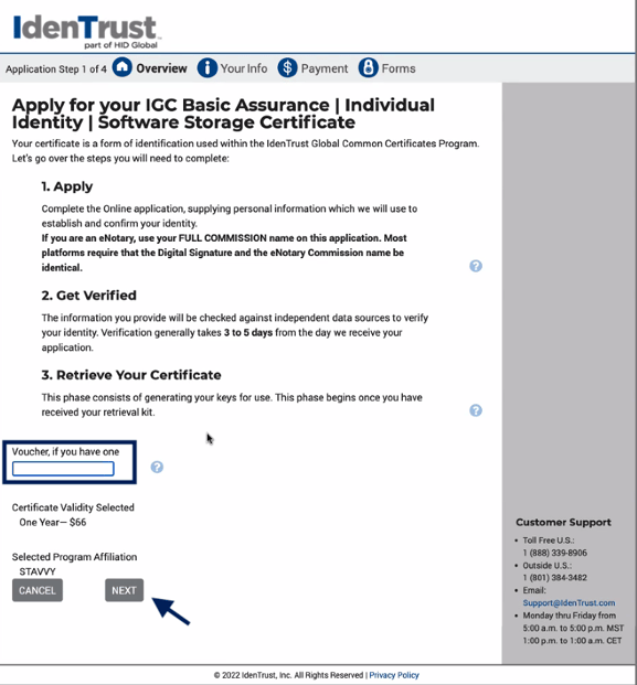 Screenshot of IdenTrust Application Page