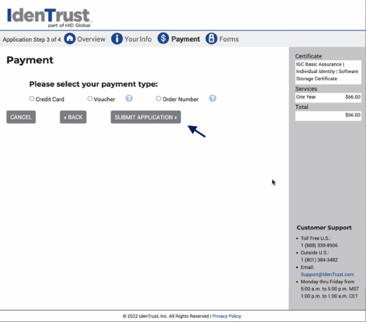 Screenshot of IdenTrust payment page