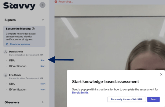 Screenshot of Knowledge Based Assessment modal with an arrow pointing to the Start button