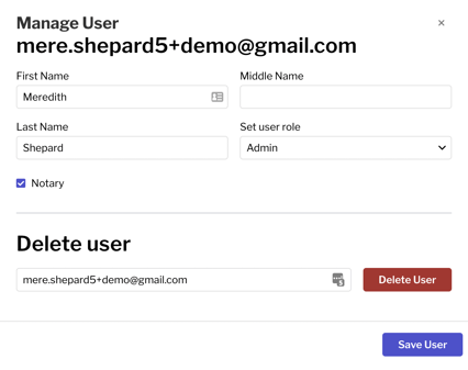 Screenshot of +Invite User modal with the user information filled out. 
