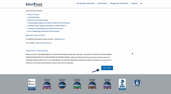 Screenshot of IdenTrust purchase page