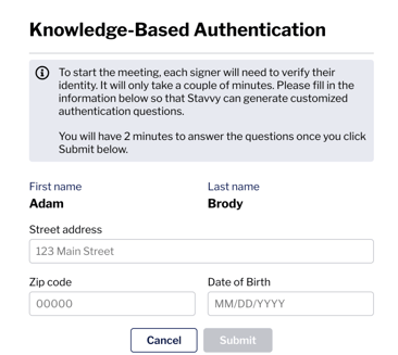 Screenshot of Knowledge Based Authentication modal