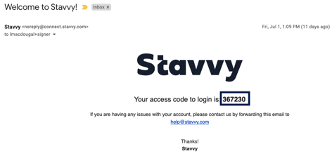 Screenshot of Welcome to Stavvy email with the access code outlined in a square
