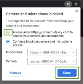 Screenshot of Camera and microphone blocked popup fo chrome and microsoft