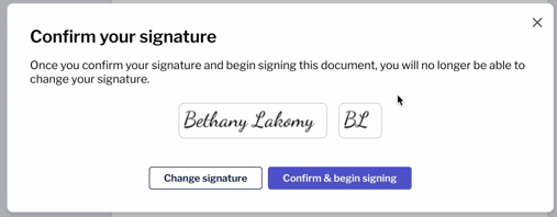 Screenshot of the Confirm your signature modal