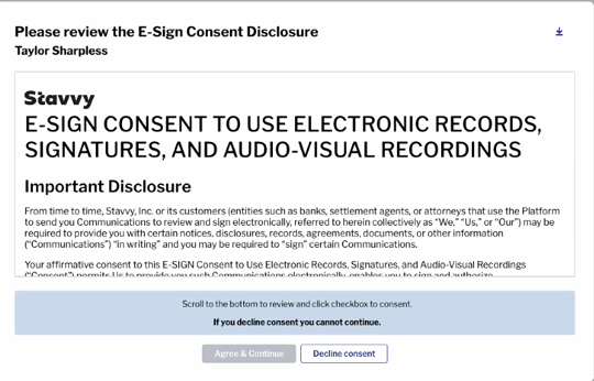 Screenshot of eSign Consent Disclosure modal