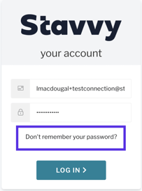 Screenshot of Stavvy login page with Don't remember your password? outlined with a square