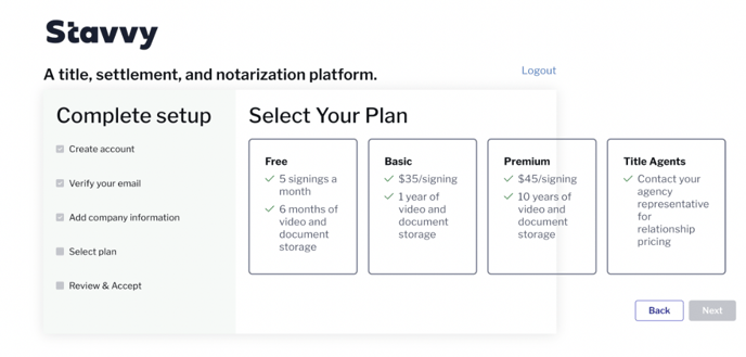 Screenshot of Stavvy Select Your Plan page