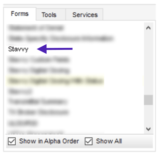 Screenshot of Encompass forms page with an arrow pointing to Stavvy