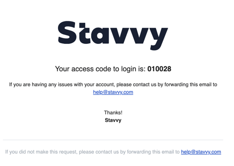 Screenshot of Stavvy access code email