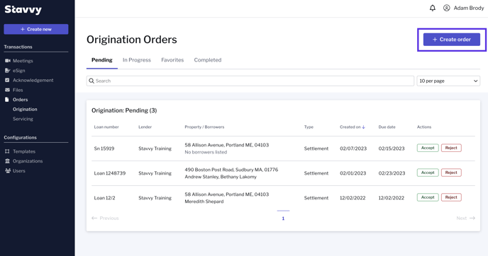 Screenshot of Orders page with + Create order outlined in a square