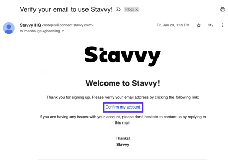 Screenshot of Verify your email to use Stavvy! email, with Confirm your account outlined in a square