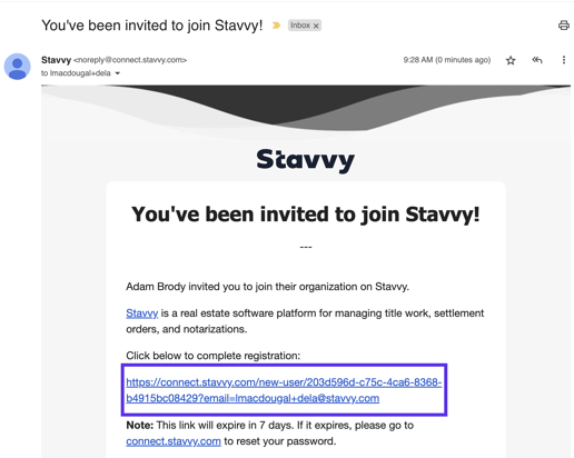 Screenshot of You've been invited to join Stavvy! email with Click below to complete registration link outlined in a square