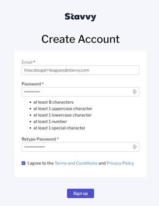 Screenshot of create Account page