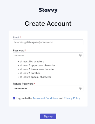 Screenshot of Stavvy Create Account page