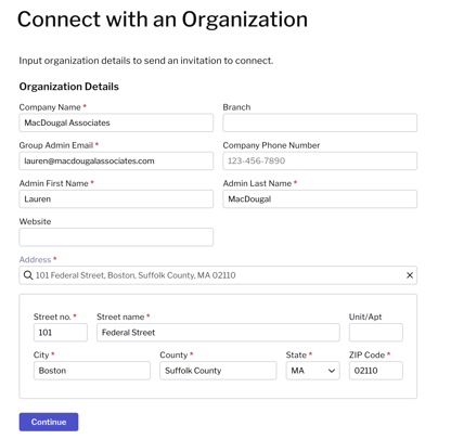 Screenshot of the Connect with an Organization page form