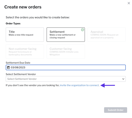 Screenshot of the Create new orders page with arrows pointing to the invite the organization to connection button