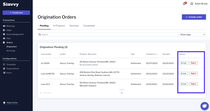 Screenshot of Stavvy Orders page with the Actions coulmn outlined