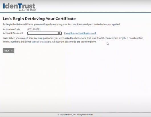 Screenshot of Let's Begin Retrieving Your Certificate page