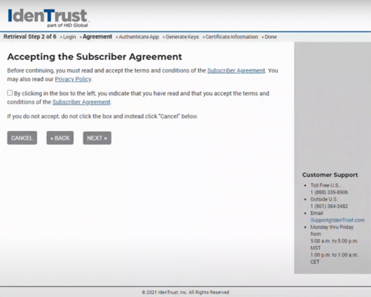 Screenshot of Accepting the Subscriber Agreement Page 