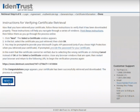 Screenshot of Instructions for Verifying Certificate Retrieval page with the Next button outlined in a quare