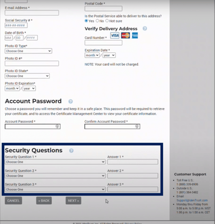 Screenshot of IdenTrust Security Questions