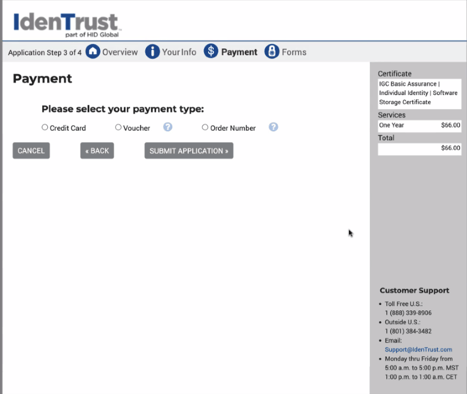 Screenshot of IdenTrust payment page