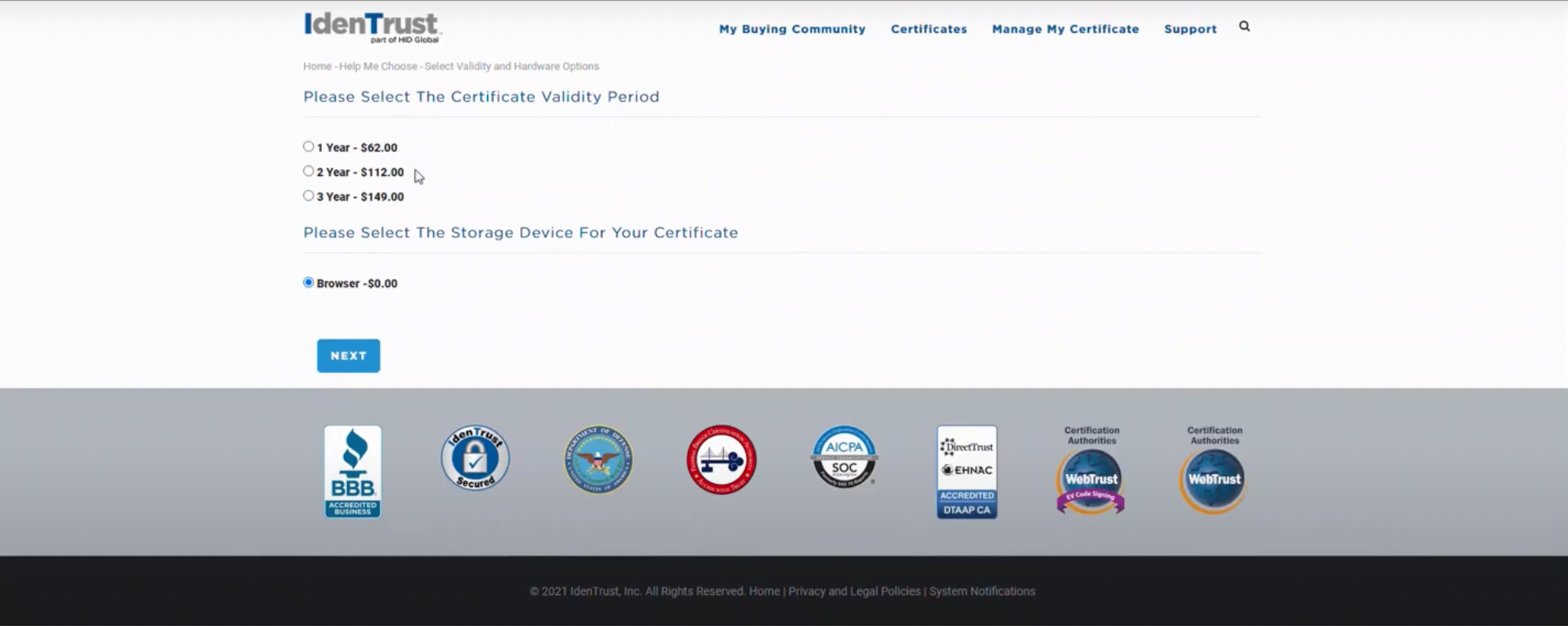 Screenshot of IdenTrust Certificate Validity Period selection page