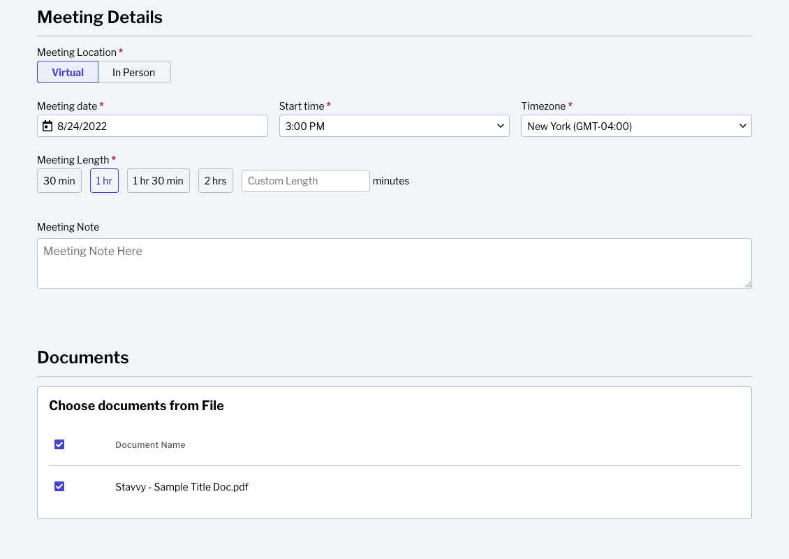 Screenshot of of Creating a Meeting Details page