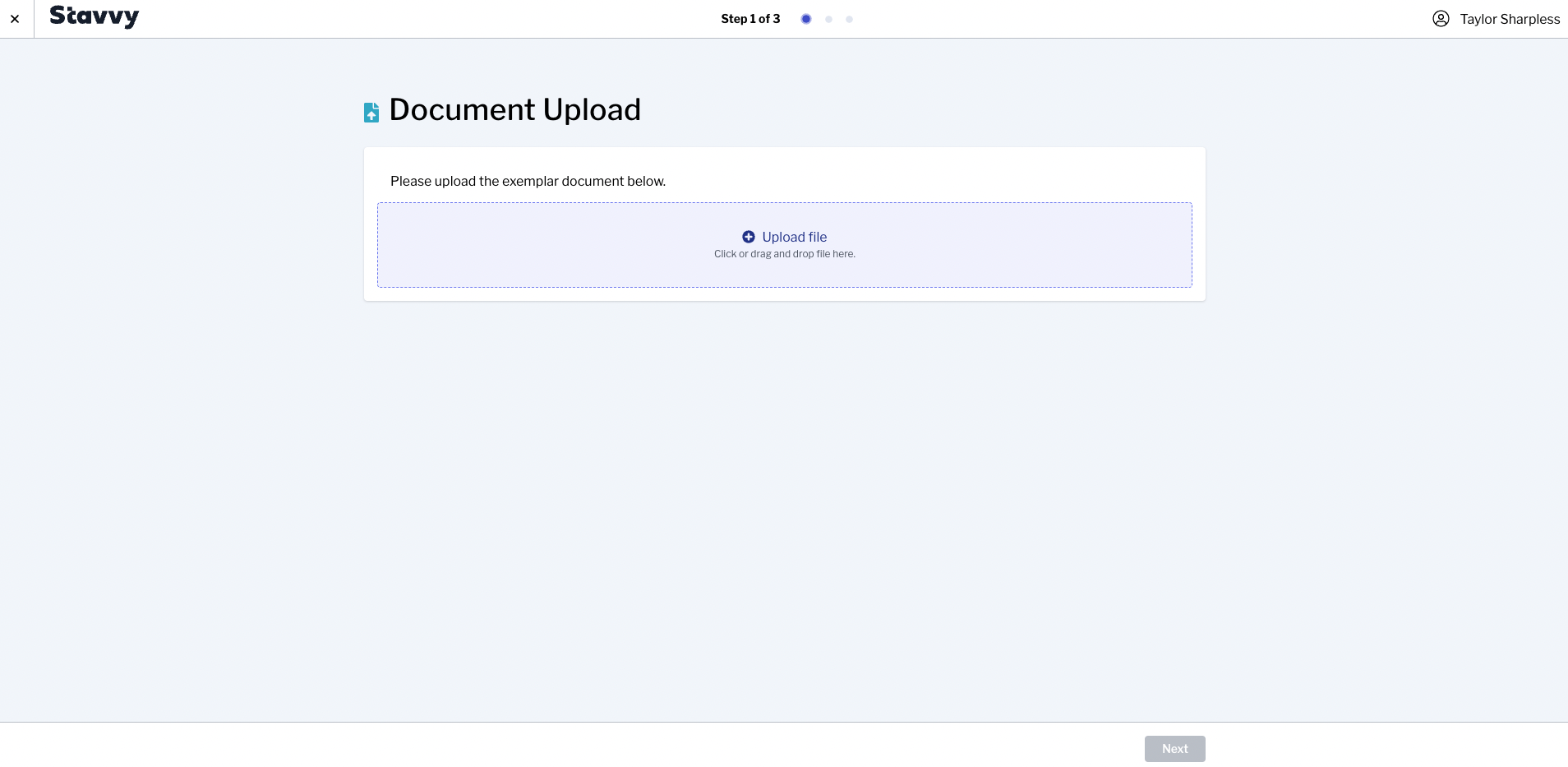 Screenshot of Step 1 of Exemplar Document upload process, Document Upload page