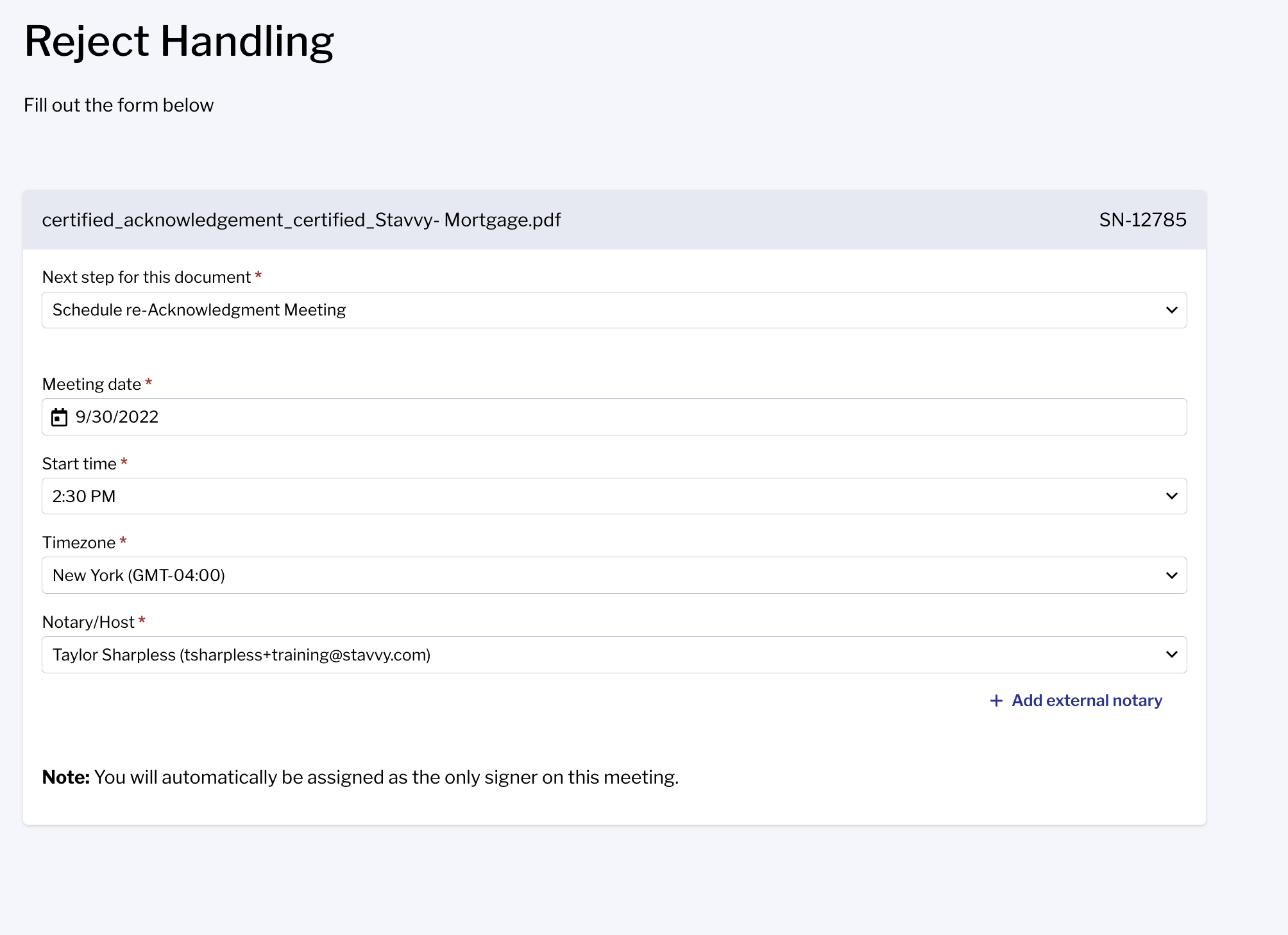 Screenshot of the Reject Handling page Next step for this document form being filled in