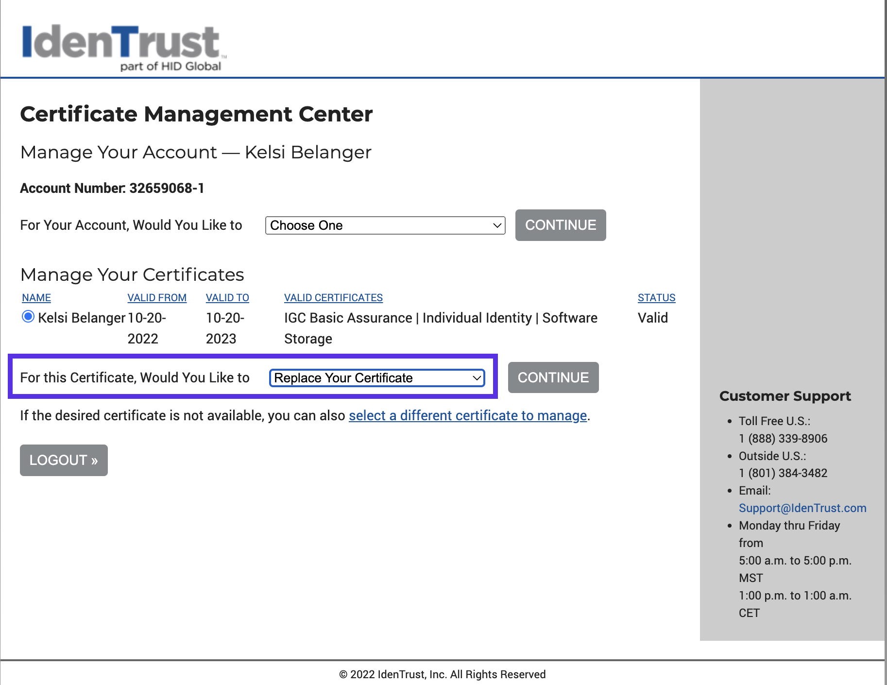 Screenshot of IdenTrust Certificate Management Center with For this Certificate, Would You Like to outlined and Replace Your Certificate selected from the drop down