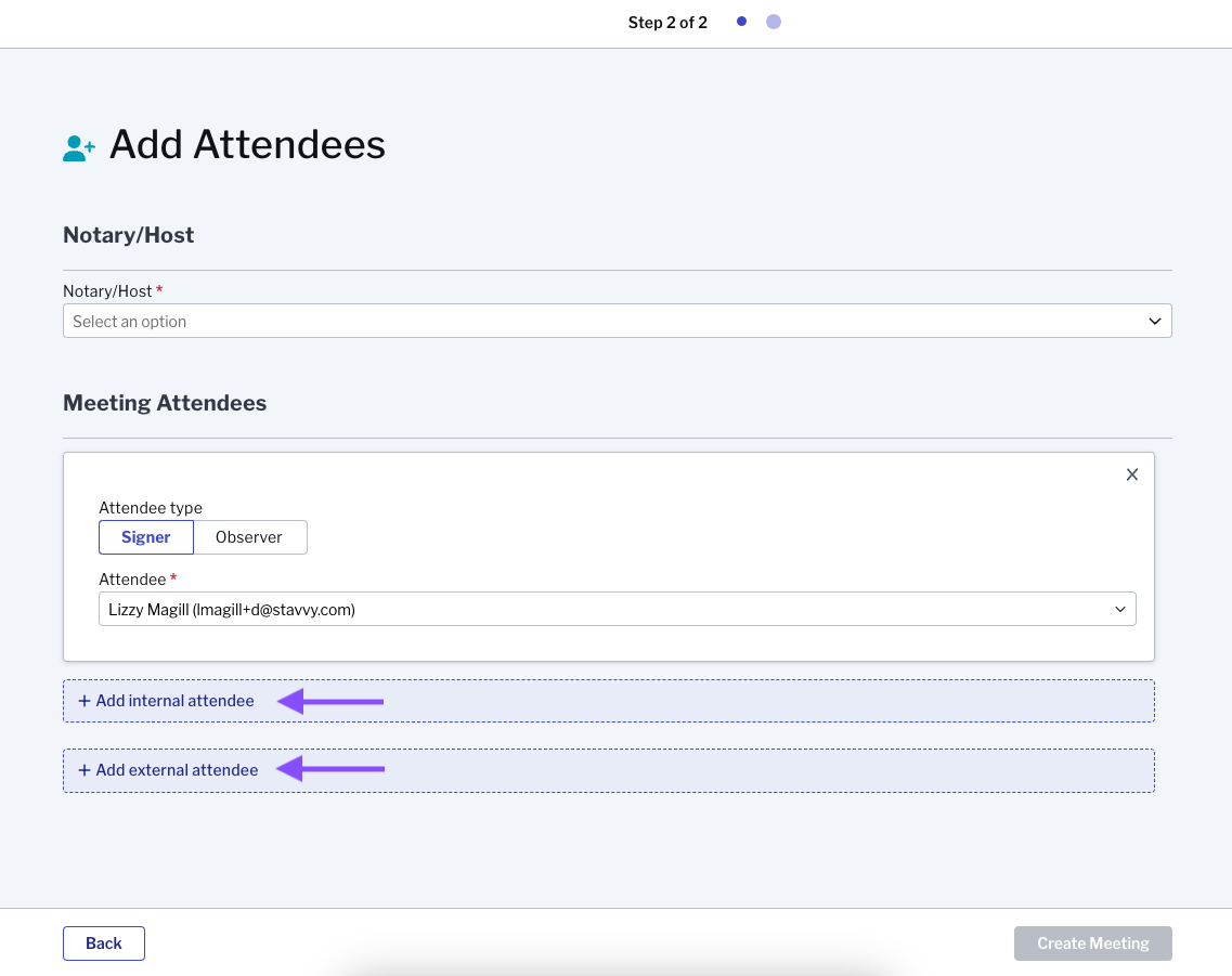 Screenshot of Acknowledgement Create Meeting add Attendees Page Step 2 of 2