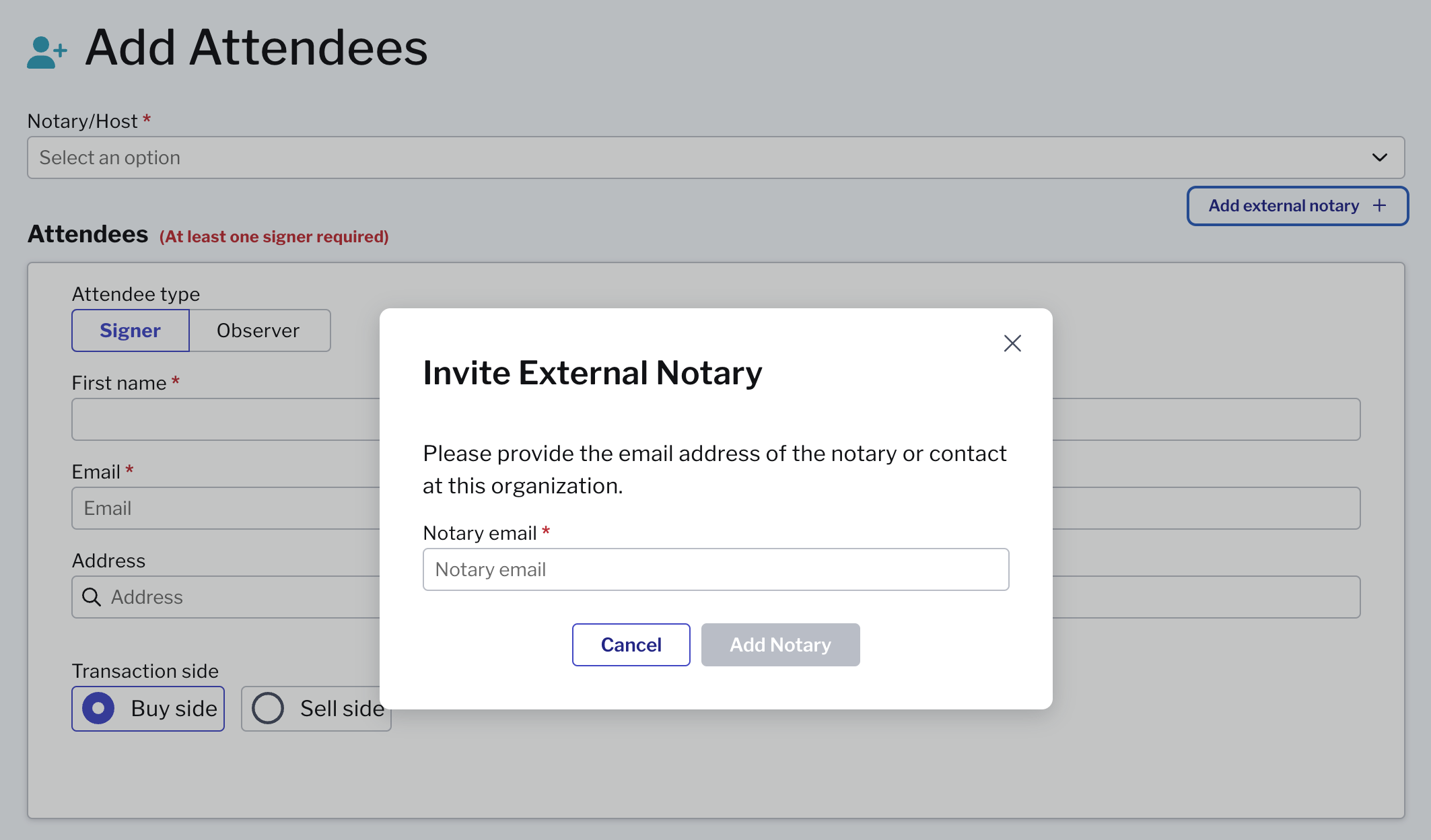 Screenshot of Invite External Notary modal