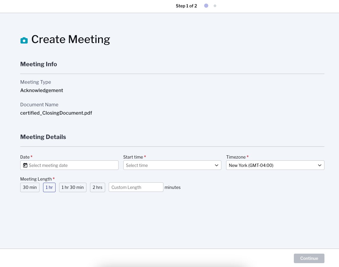 Screenshot of Acknowledgement Create Meeting Meeting Info Page Step 1 of 2