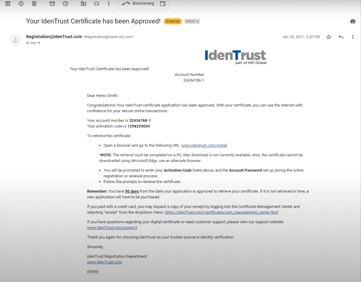 Screenshot of IdenTrust email