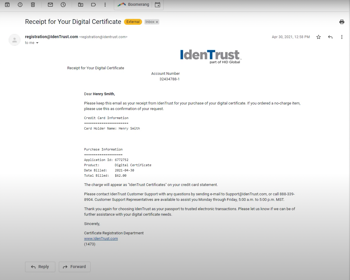 Screenshot of IdenTrust email