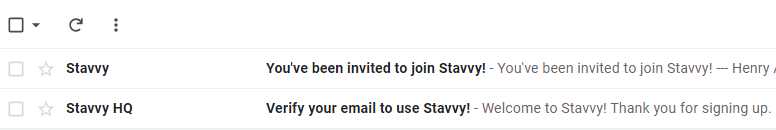 Screenshot of email inbox with 2 emails from Stavvy