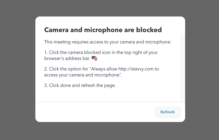 Screenshot of Camera and microphone are blocked popup notification