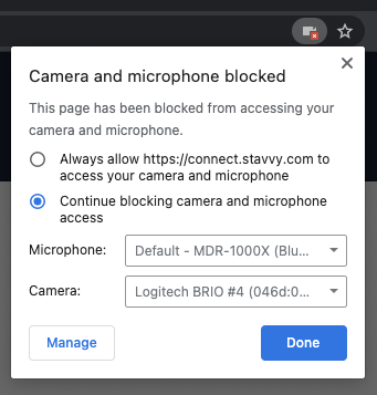 Screenshot of Chrome Camera and microphone blocked popup